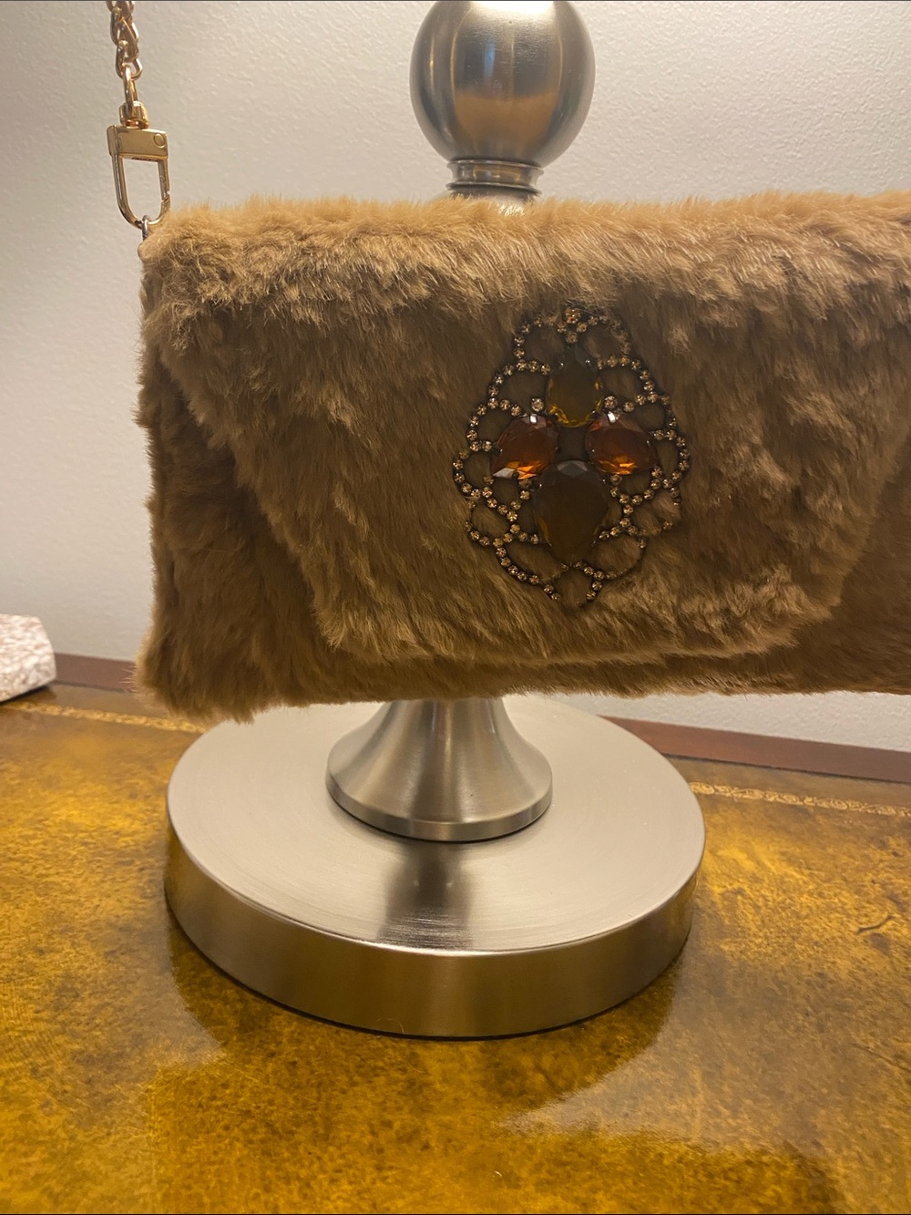 Faux Fur Brown Crossbody Bag with Jewel Accent